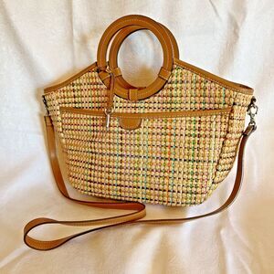 Vintage Fossil Multicolor Woven Straw Tan Leather Crossbody Tote Handbag Purse
